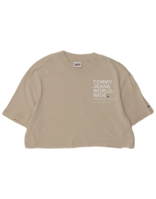 TOMMY HILFIGER T-shirt corta con grafica oversize da donna UK 10 piccola Beige