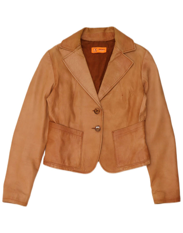 Giacca blazer a 2 bottoni corta da donna Society UK 12 in pelle marrone medio