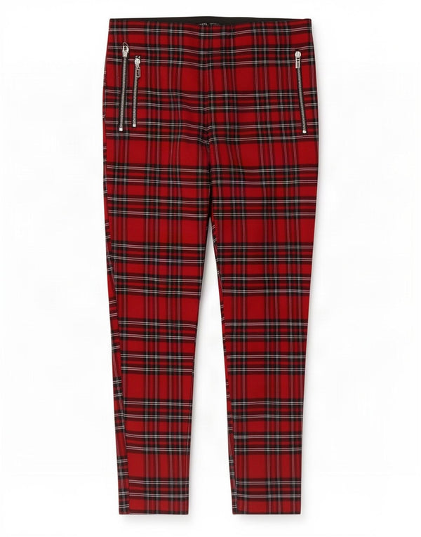 Pantaloni skinny casual da donna Zara XL W32 L27 viscosa scozzese rossa