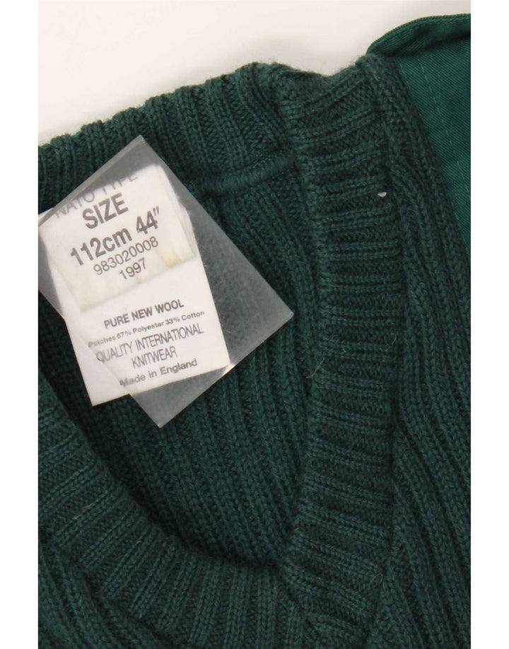 Maglione militare vintage da uomo con scollo a V in lana vergine verde medio
