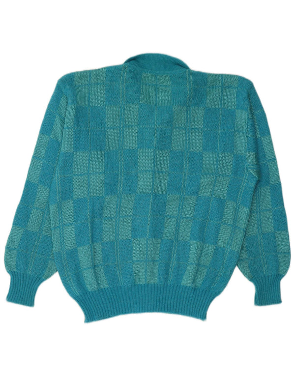 Maglione cardigan da donna vintage UK 16 grande viscosa a quadri turchese