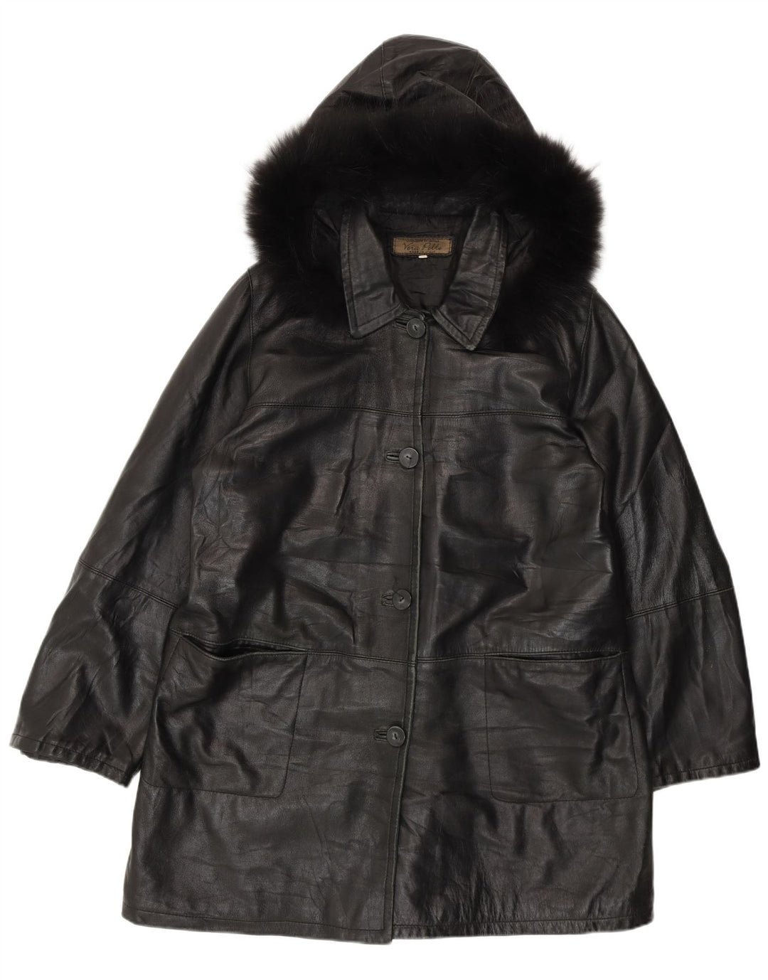 Cappotto vintage in pelle da donna con cappuccio IT 50 XL in pelle nera