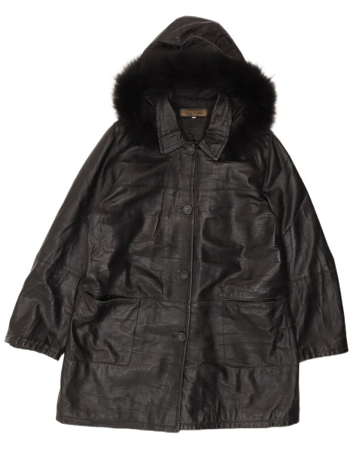 Cappotto vintage in pelle da donna con cappuccio IT 50 XL in pelle nera