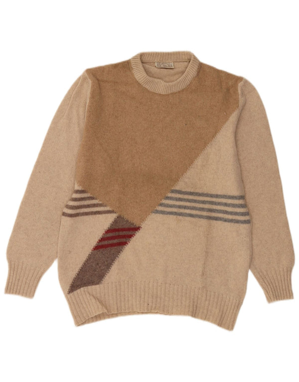 Vintage Mens Crew Neck Jumper Sweater Large Beige Colourblock