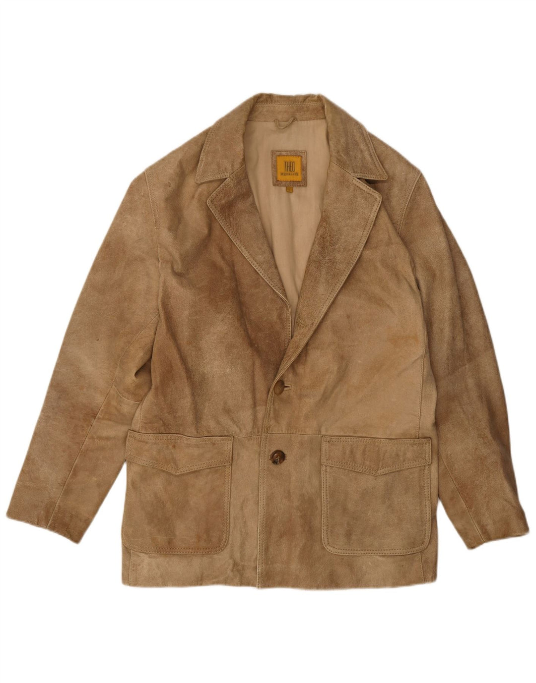 Giacca blazer vintage da uomo in pelle scamosciata a 2 bottoni UK 40 grande in pelle beige