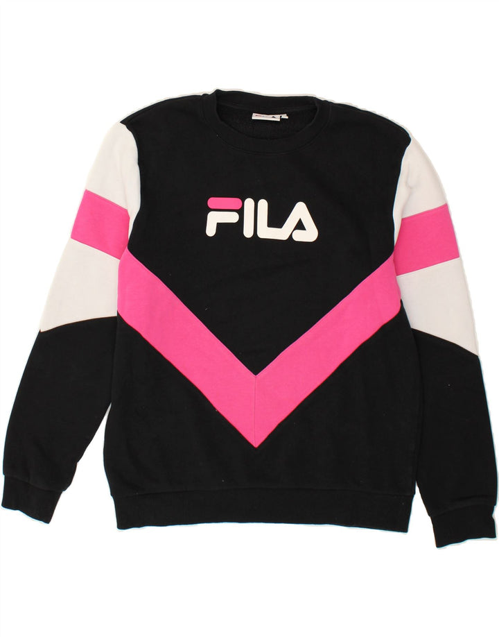 FILA Boys Graphic Sweatshirt Jumper 13-14 Years Large Black Colourblock Vintage Fila and Second-Hand Fila from Messina Hembry 