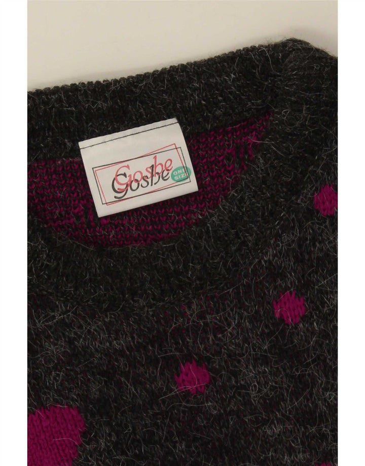 Maglione vintage da donna con scollo a barchetta lungo, taglia unica, grigio maculato