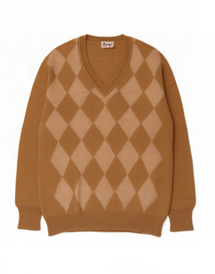 Maglione da uomo con scollo a V Colombo, lana di alpaca beige medio a rombi/diamanti