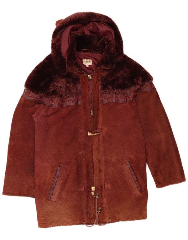 Soprabito oversize in pelle scamosciata con cappuccio da donna Yuppie UK 10 piccolo in pelle marrone
