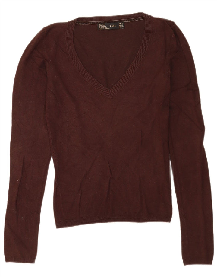 Maglione Zara da donna con scollo a V UK 10 piccolo rayon marrone