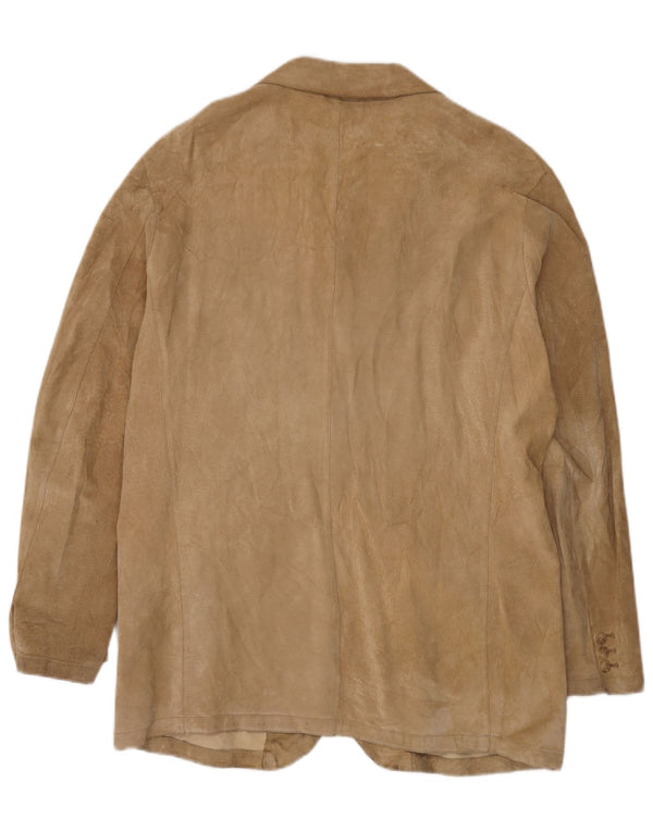 Giacca blazer in pelle scamosciata da uomo a 3 bottoni VINTAGE UK 44 2XL Pelle beige