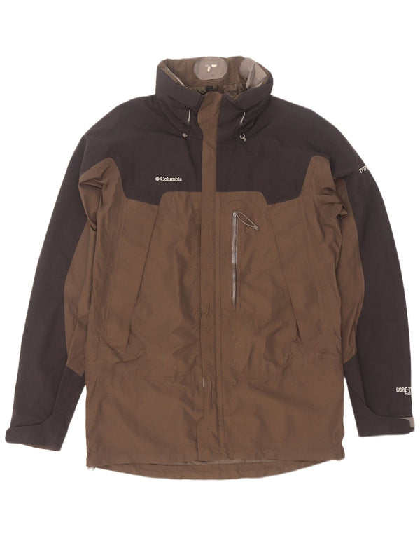 Giacca antipioggia da uomo Columbia con cappuccio in titanio UK 38 Colorblock marrone medio