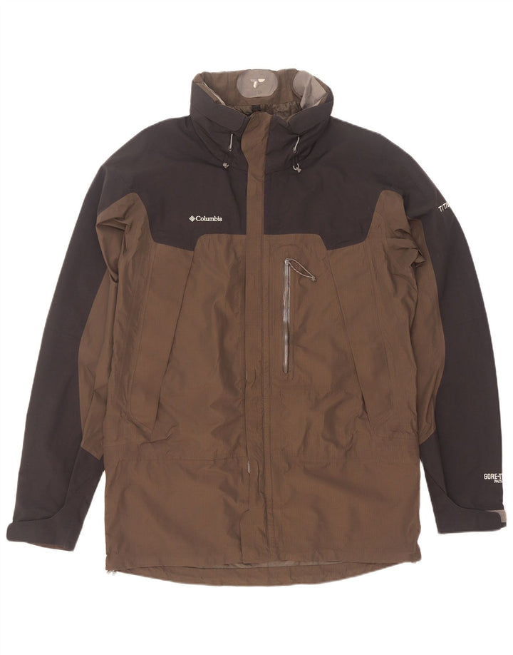 Giacca antipioggia da uomo Columbia con cappuccio in titanio UK 38 Colorblock marrone medio