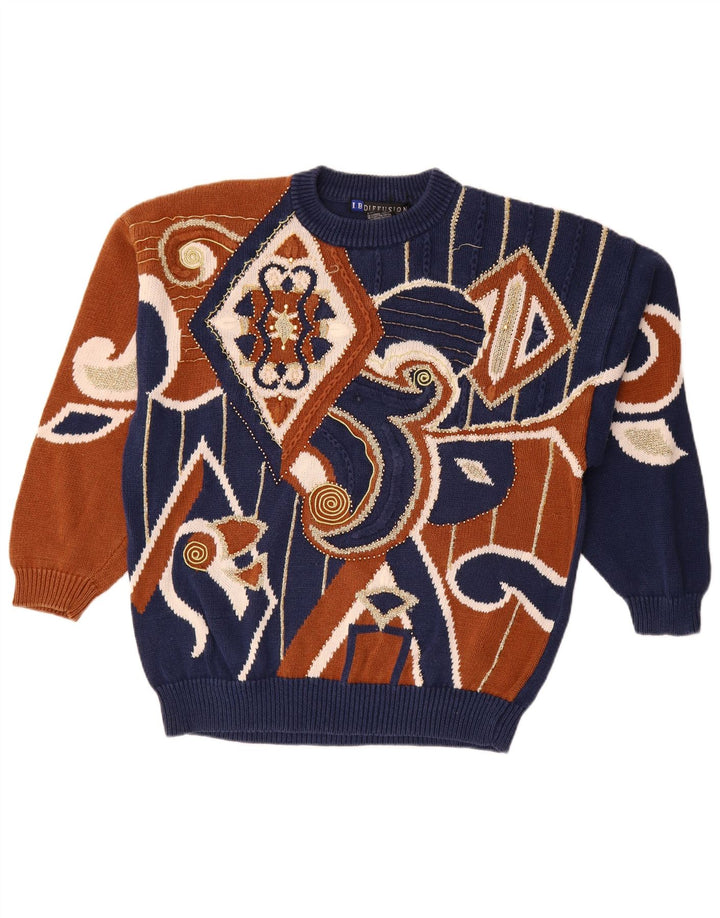Maglione maglione girocollo da donna I.B Diffusion UK 16 grande motivo cachemire blu navy