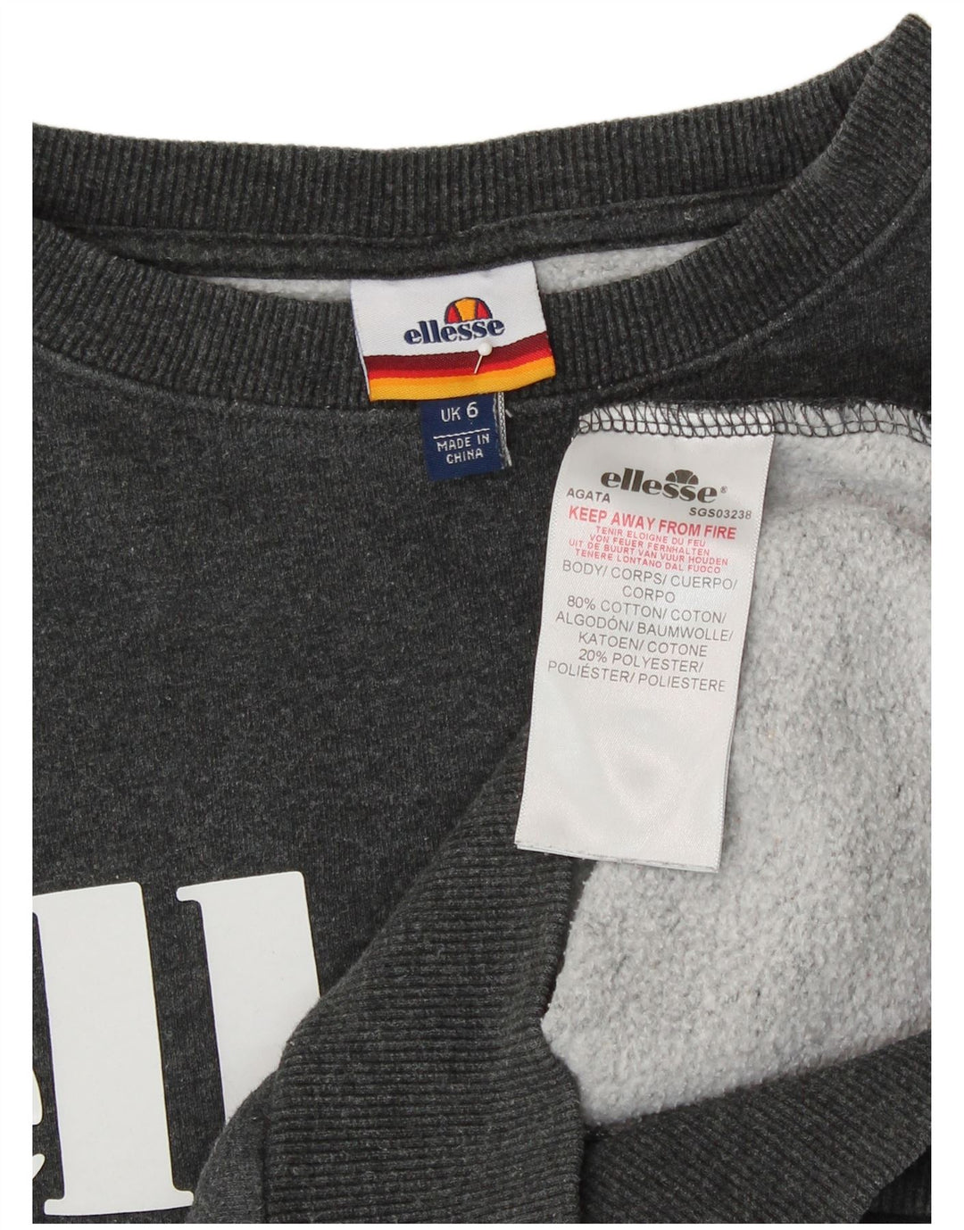 ELLESSE Womens Oversized Graphic Sweatshirt Jumper UK 6 XS Grey Cotton
