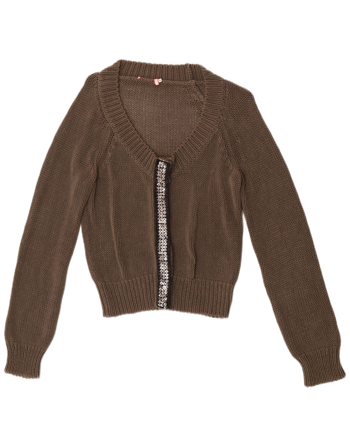 Maglione cardigan da donna vintage UK 12 cotone marrone medio