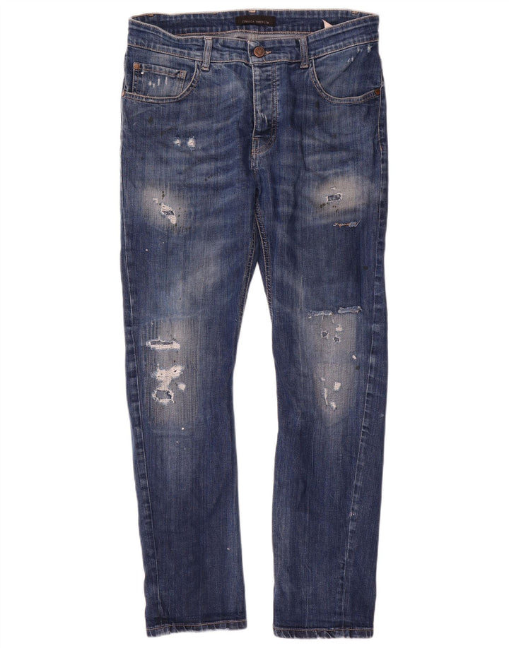 Jeans slim invecchiati da uomo Frankie Morello W34 L29 cotone blu