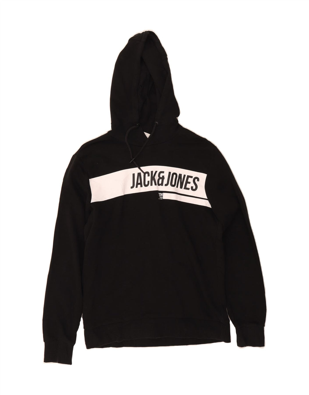 JACK & JONES Mens Graphic Hoodie Jumper Medium Black Cotton Vintage Jack & Jones and Second-Hand Jack & Jones from Messina Hembry 