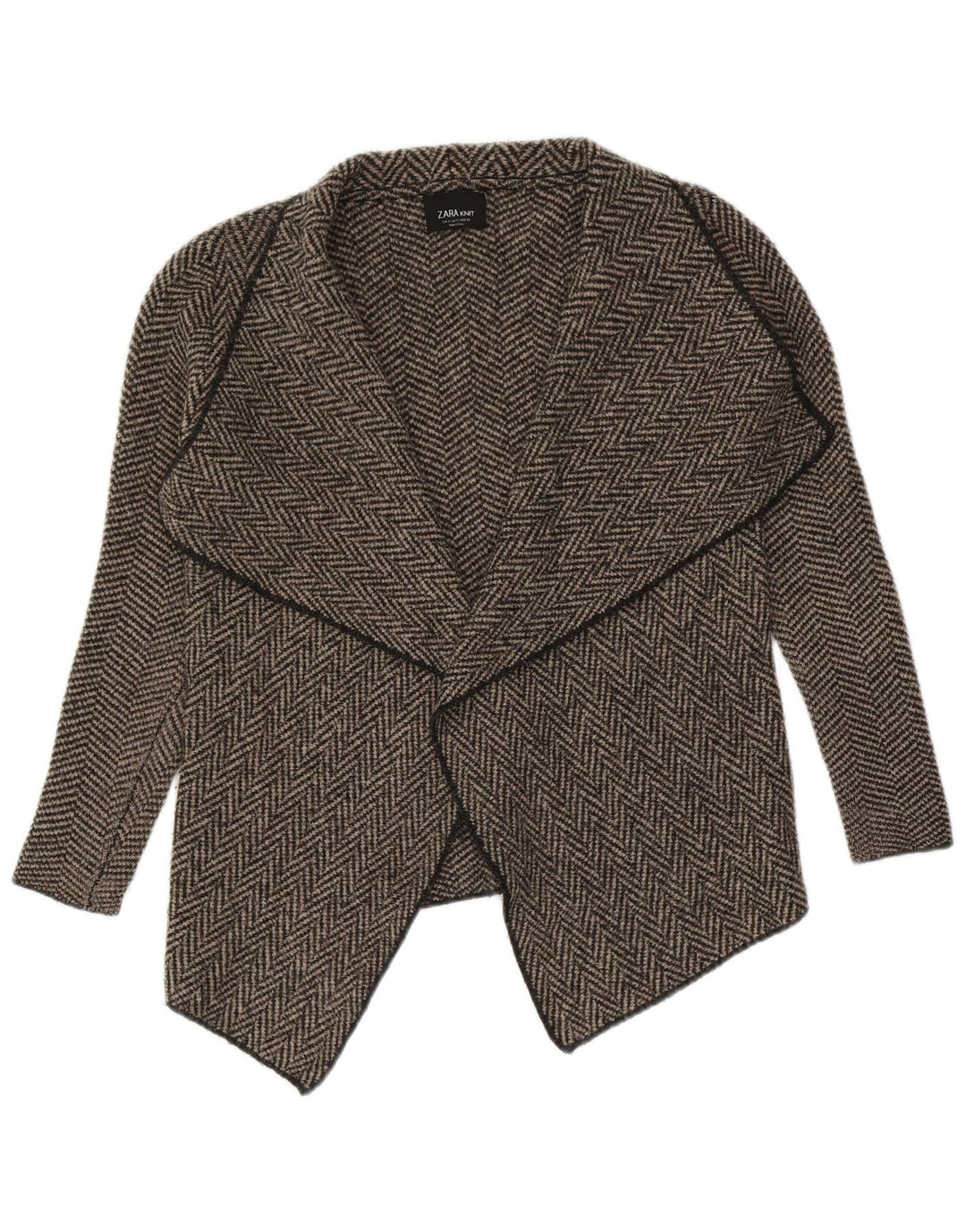 Maglione cardigan aperto asimmetrico da donna Zara UK 10 piccolo grigio a spina di pesce
