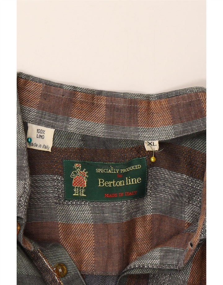 Camicia pullover a maniche corte da uomo vintage XL in lino a quadri multicolore