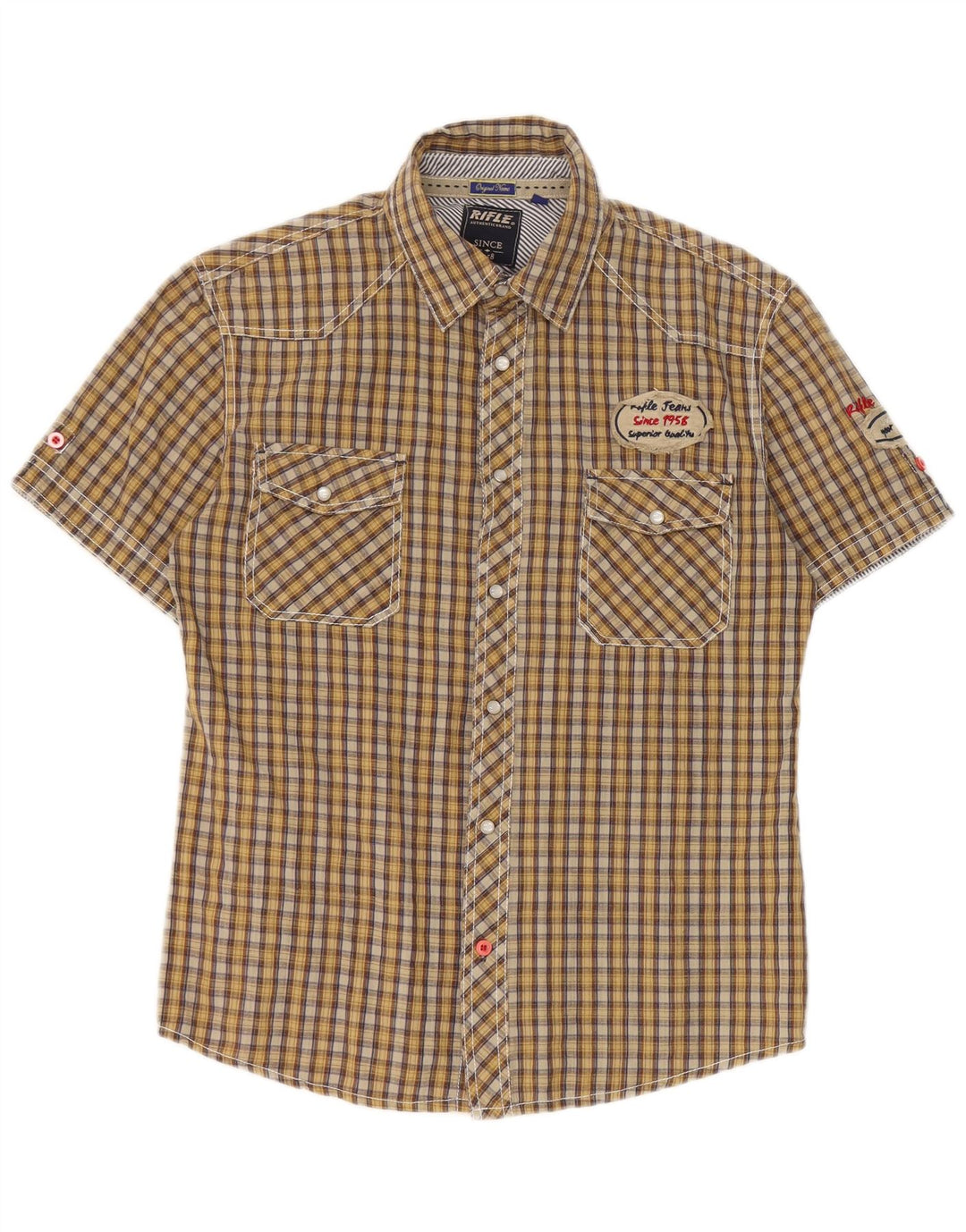 Camicia a maniche corte con grafica da uomo Rifle, cotone a quadri giallo medio