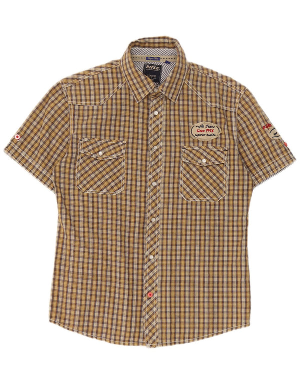 Camicia a maniche corte con grafica da uomo Rifle, cotone a quadri giallo medio