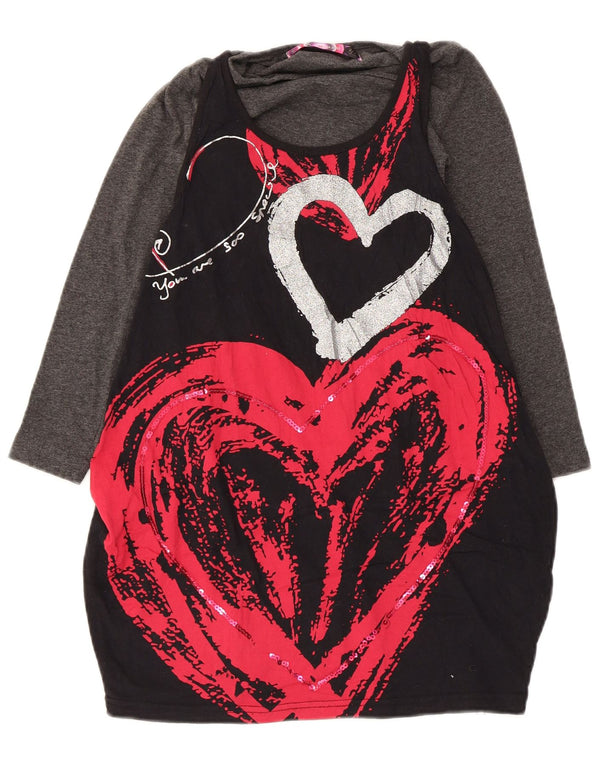 Desigual vestito a palloncino grafico a maniche lunghe per ragazze 7-8 anni cuore nero
