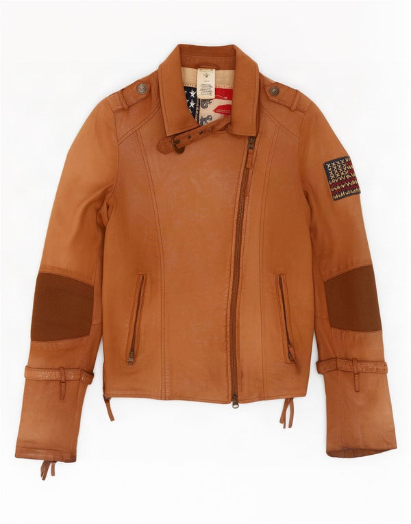 Giacca da motociclista in pelle da donna True Religion UK 10 Small Beige Colourblock