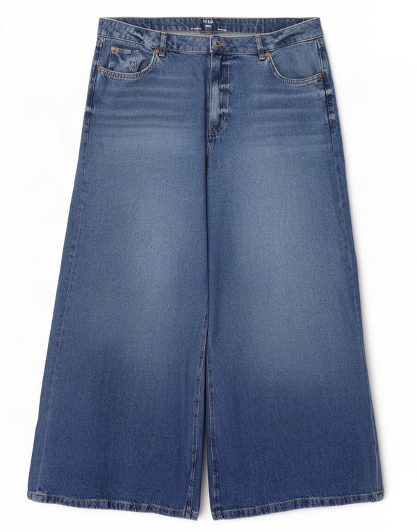 Jeans a gamba larga a vita alta da donna Marks & Spencer UK 20 2XL W42 L30 Blu