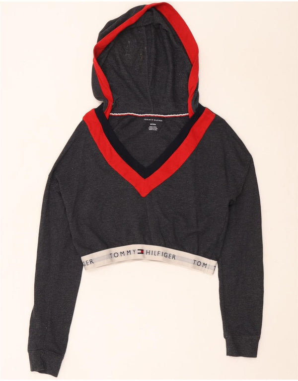 TOMMY HILFIGER Maglione con cappuccio grafico da donna corto UK 10 piccolo grigio