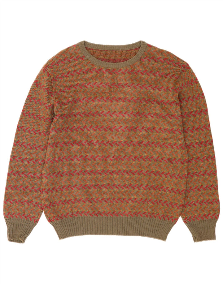 Maglione girocollo da uomo vintage in lana geometrica kaki media