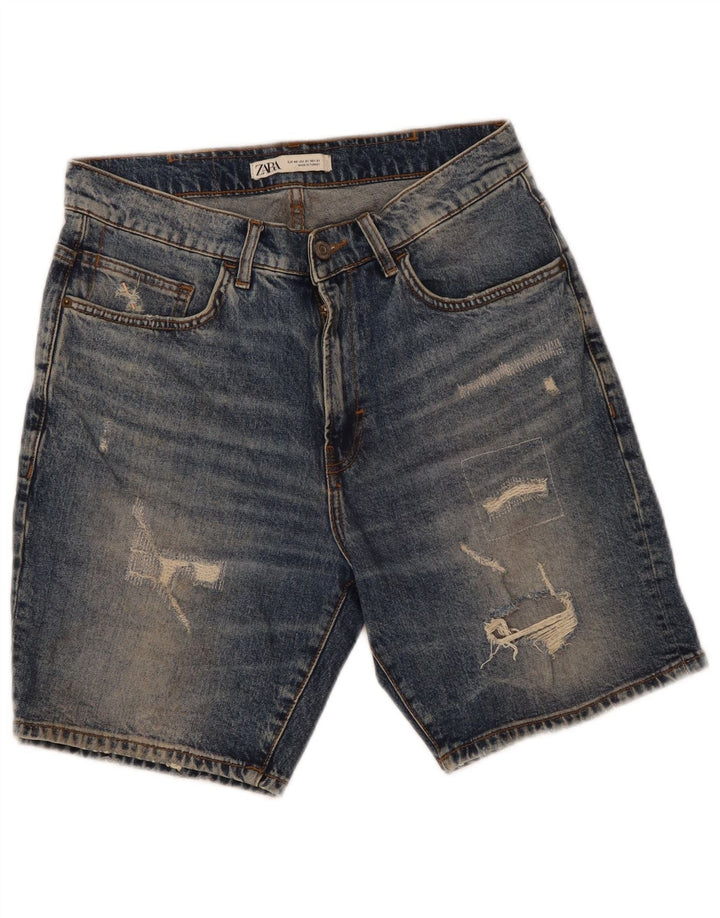 Pantaloncini in denim invecchiato da uomo Zara EU 40 medio W31 cotone blu