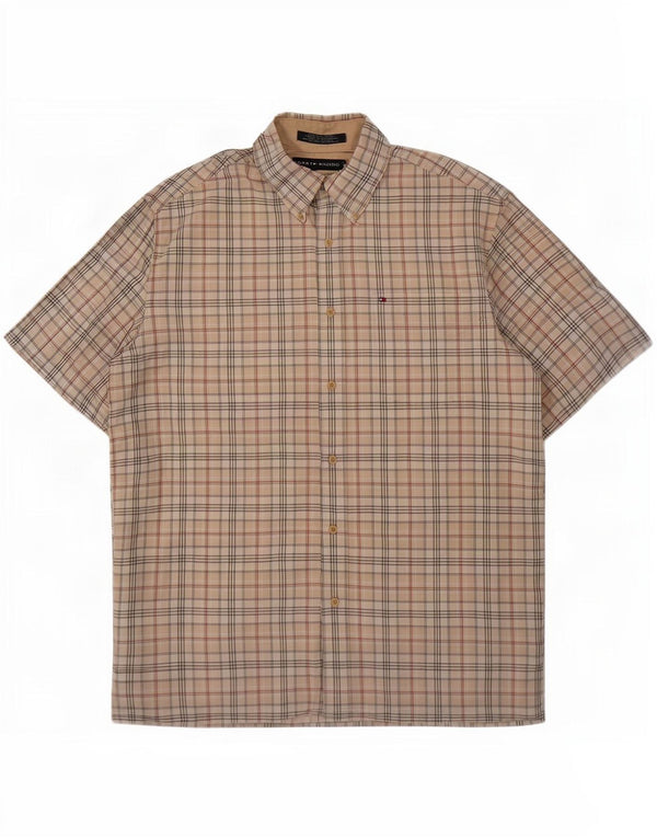 Tommy Hilfiger Mens Short Sleeve Shirt Large Beige Check Cotton