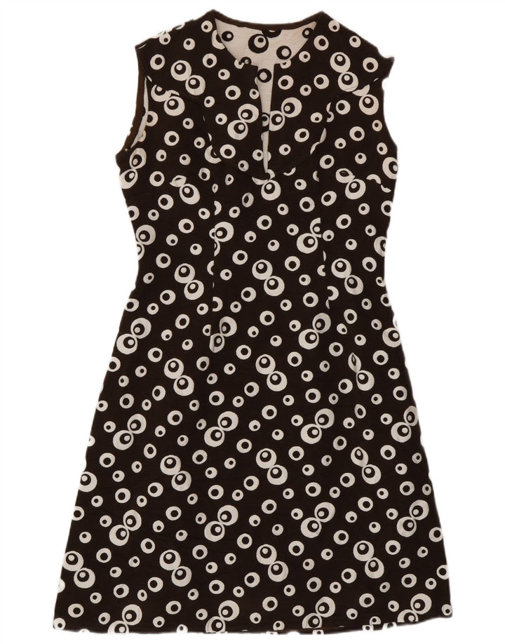 Abito a trapezio senza maniche con motivo astratto da donna vintage UK 8 piccolo marrone