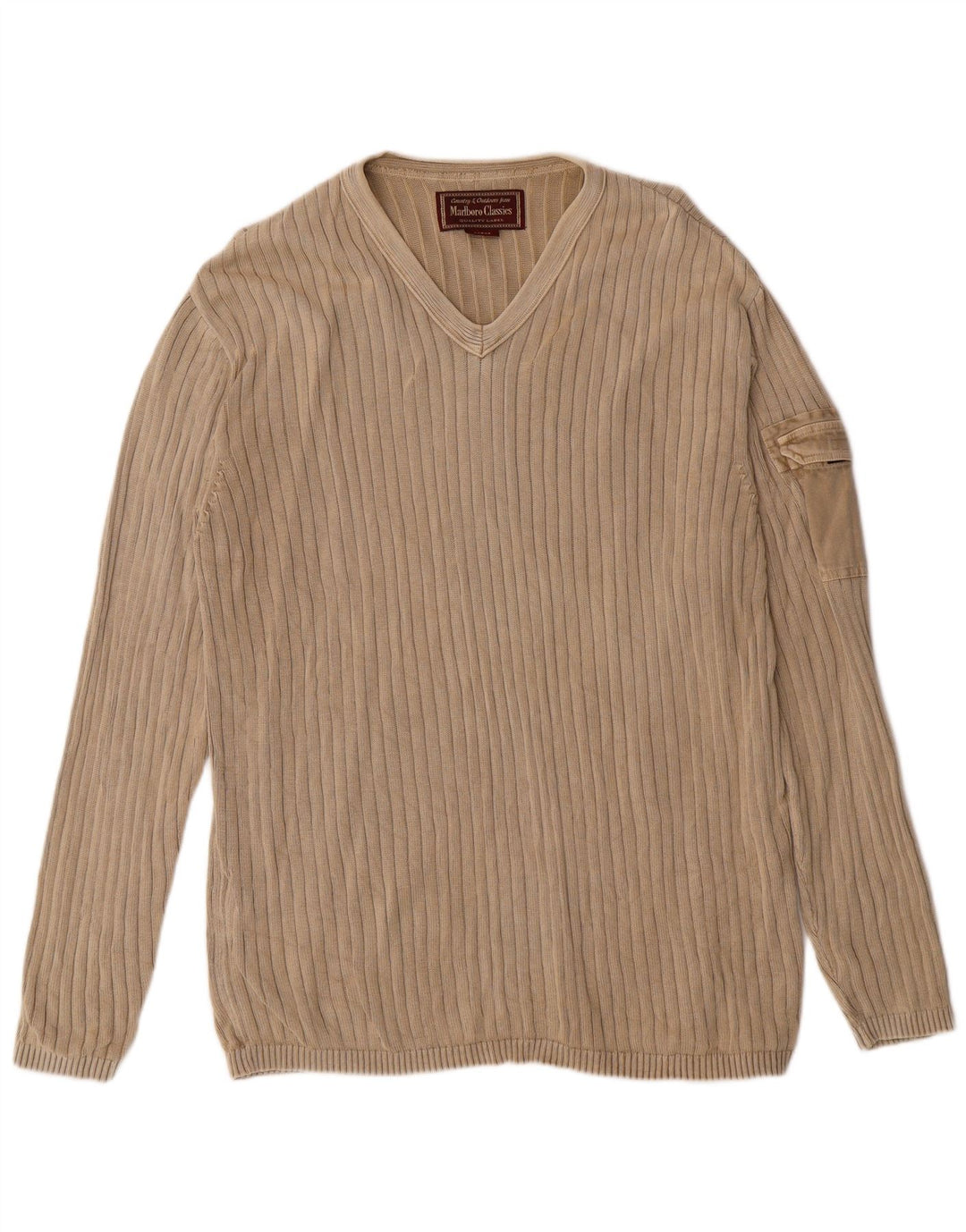 Marlboro Classics Maglione da uomo con scollo a V grande classico in cotone beige
