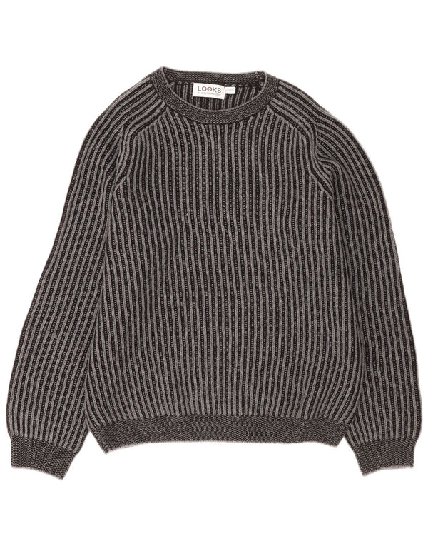 Maglione vintage da uomo con scollo a barca EU 52/54 lana a righe grigie grandi