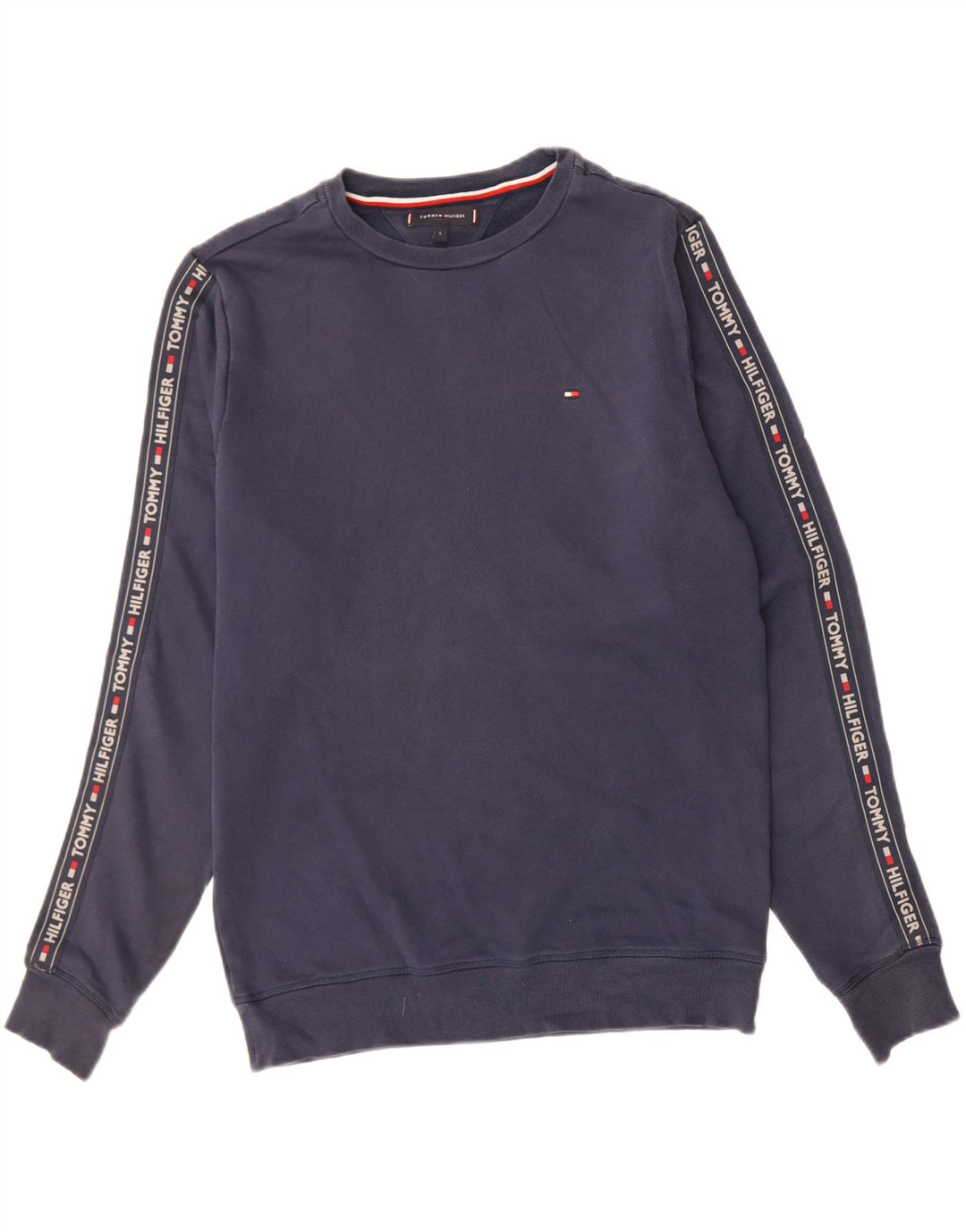 TOMMY HILFIGER Mens Graphic Sweatshirt Jumper Large Navy Blue Cotton Vintage Tommy Hilfiger and Second-Hand Tommy Hilfiger from Messina Hembry 