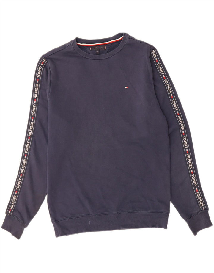 TOMMY HILFIGER Mens Graphic Sweatshirt Jumper Large Navy Blue Cotton Vintage Tommy Hilfiger and Second-Hand Tommy Hilfiger from Messina Hembry 
