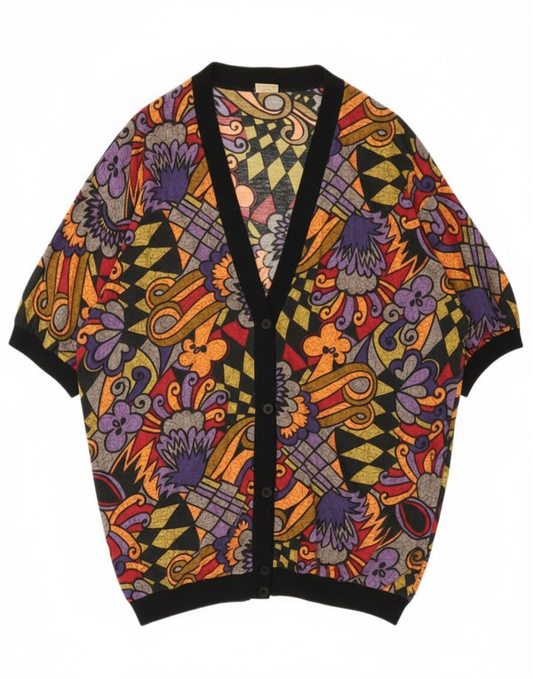 Top cardigan oversize da donna vintage UK 16 grande motivo geometrico multicolore