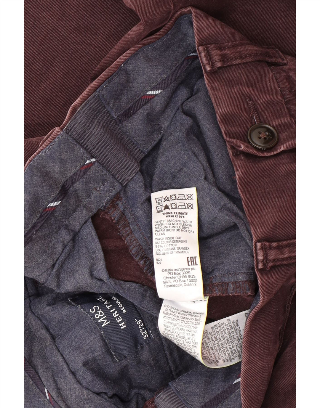 Pantaloni chino regolari Marks & Spencer da uomo Heritage W32 L29 Borgogna