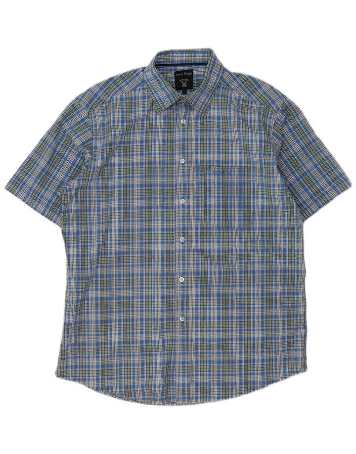 Camicia da uomo a maniche corte James Pringle in poliestere a quadri blu grande