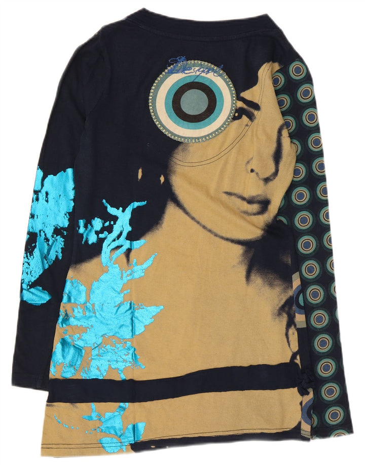 Desigual Donna Graphic Top Manica Lunga UK 10 Small Blu Navy