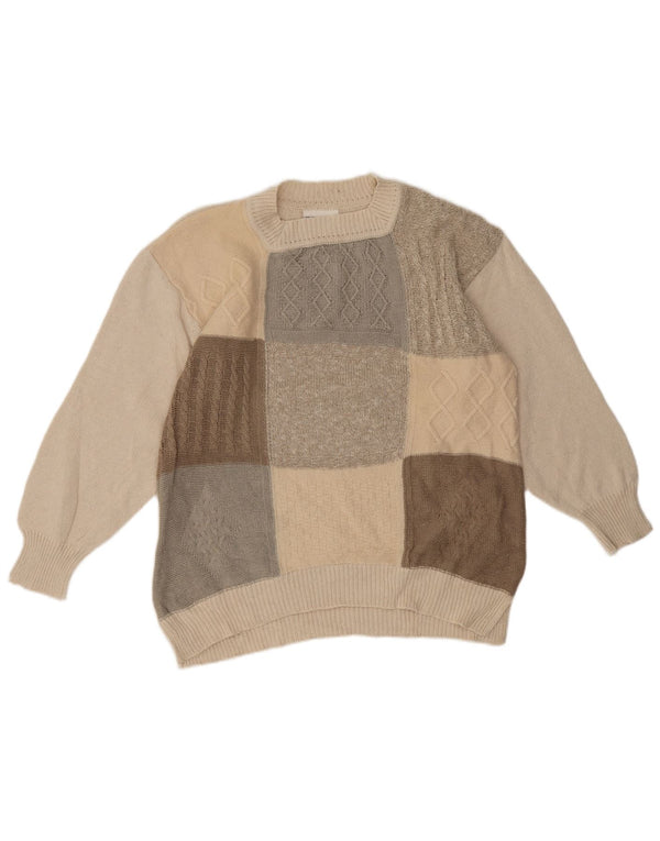 Maglione maglione girocollo da donna vintage EU 42 grande patchwork beige