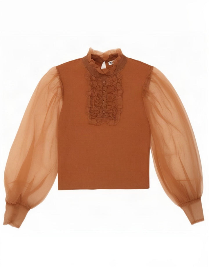 Camicetta da donna Zara con volant sul davanti, taglia UK 8, piccola, in nylon marrone