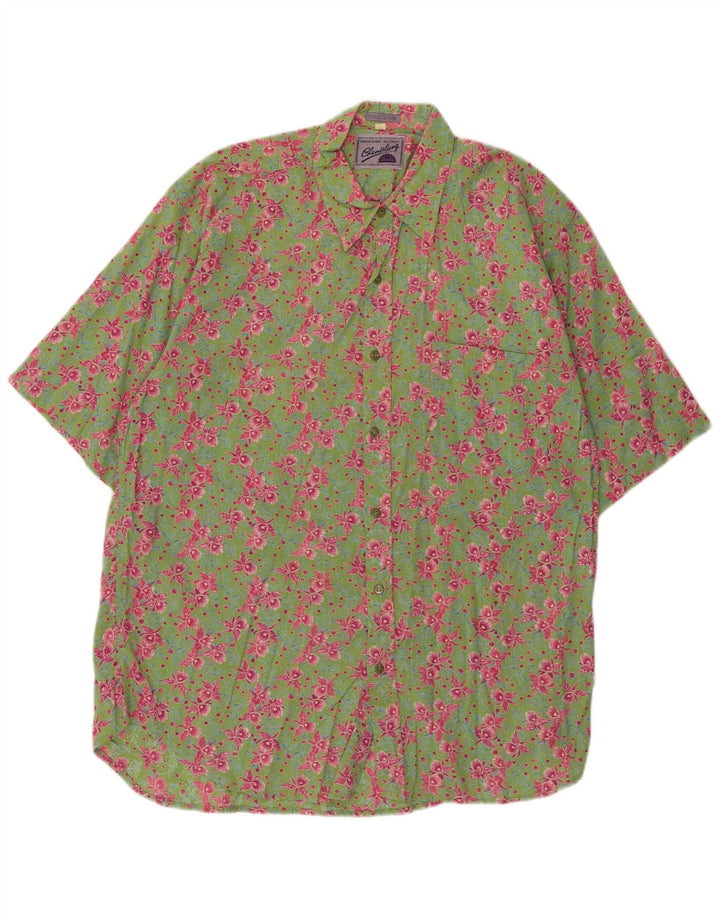 Camicia vintage da uomo a maniche corte in cotone floreale verde medio