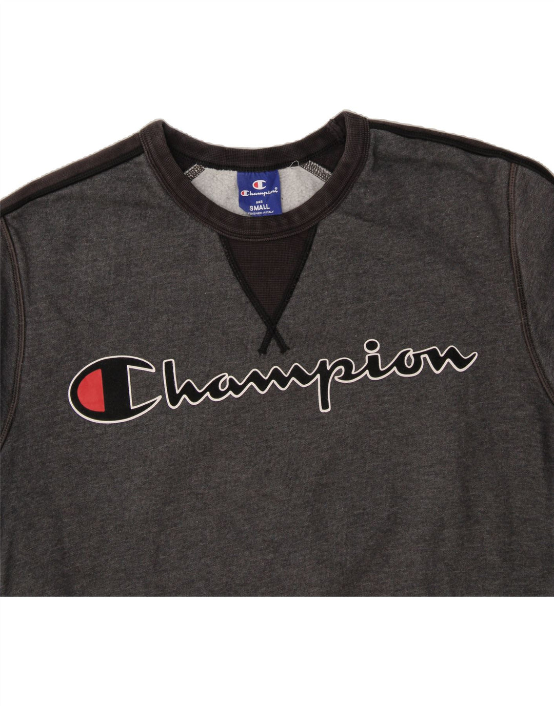 CHAMPION Mens Graphic Sweatshirt Jumper Small Grey Colourblock Vintage Champion and Second-Hand Champion from Messina Hembry 