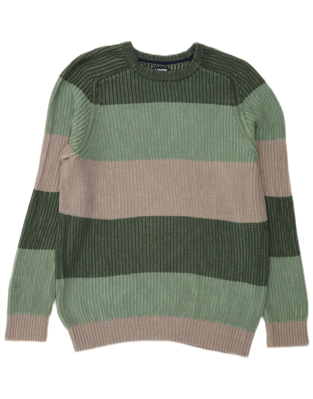 Maglione maglione girocollo da uomo Lands End piccolo cotone a righe verdi