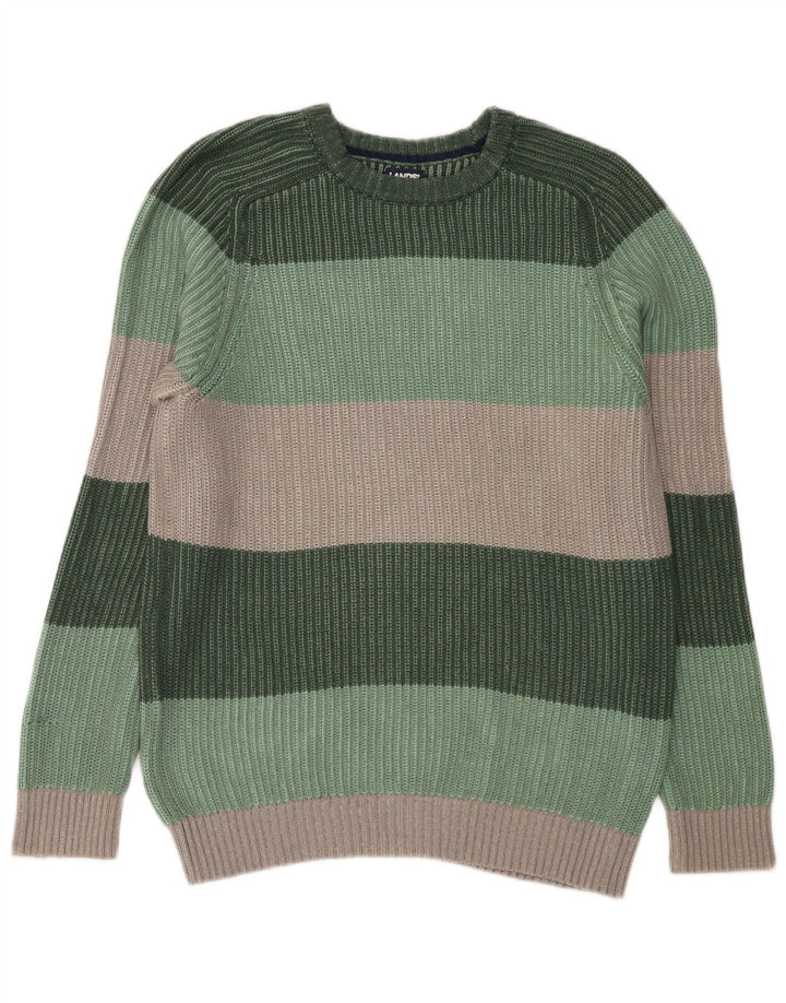 Maglione maglione girocollo da uomo Lands End piccolo cotone a righe verdi