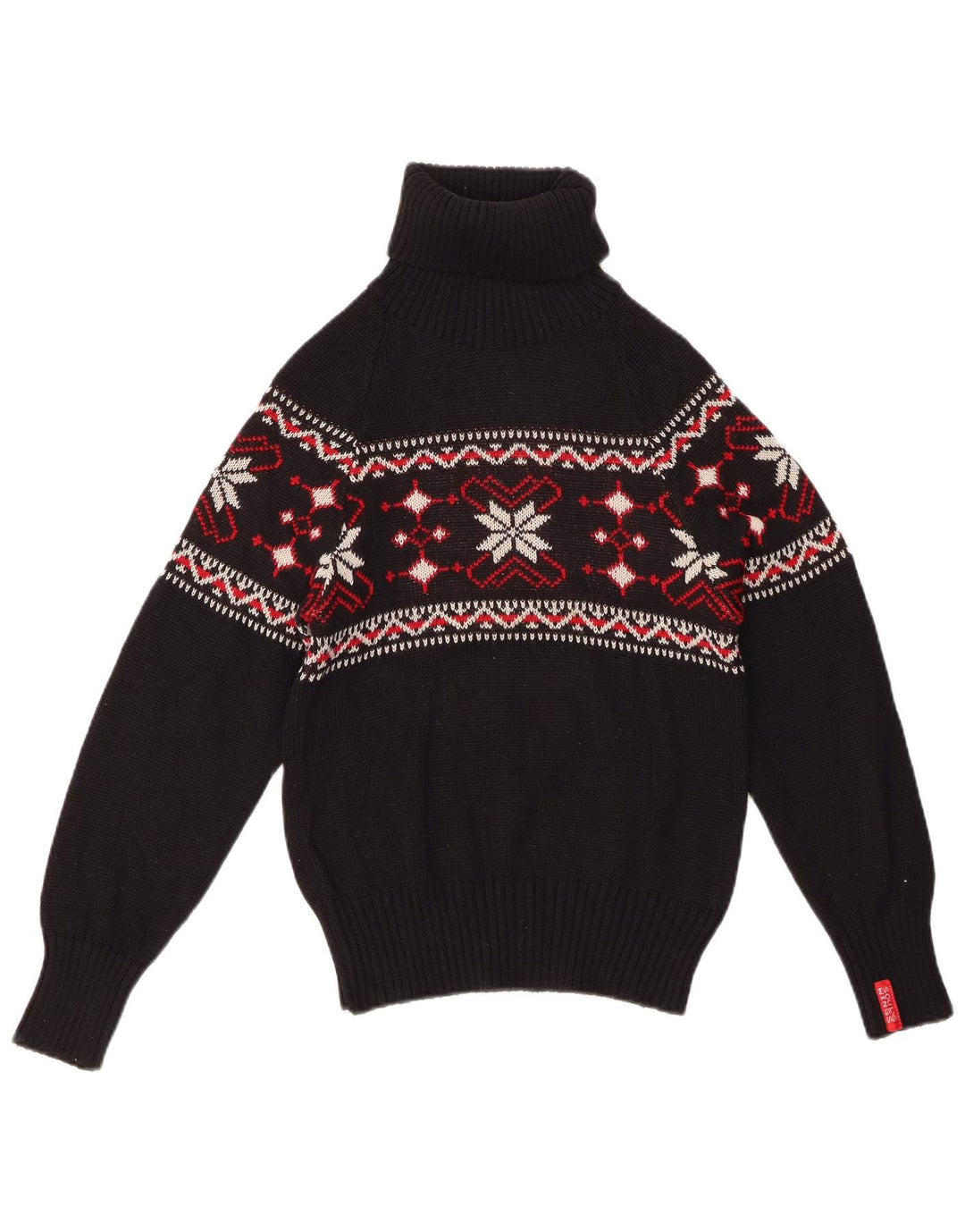 Maglione maglione collo alto vintage da donna con fiocco di neve UK 12 medio nero invernale