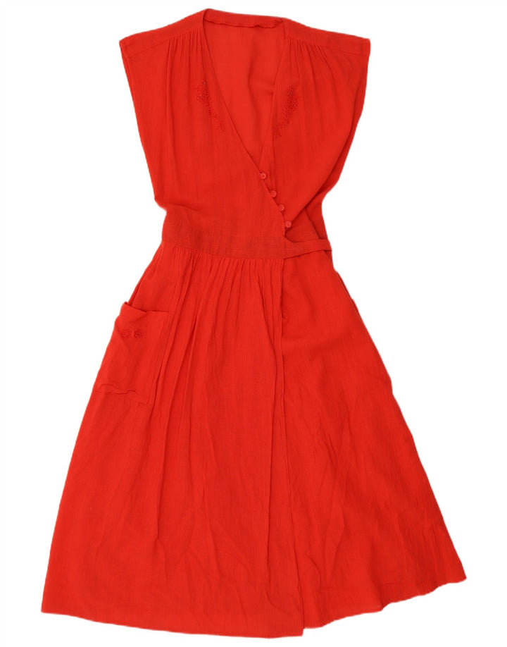 Abito a trapezio senza maniche da donna VINTAGE UK 12 rosso medio floreale
